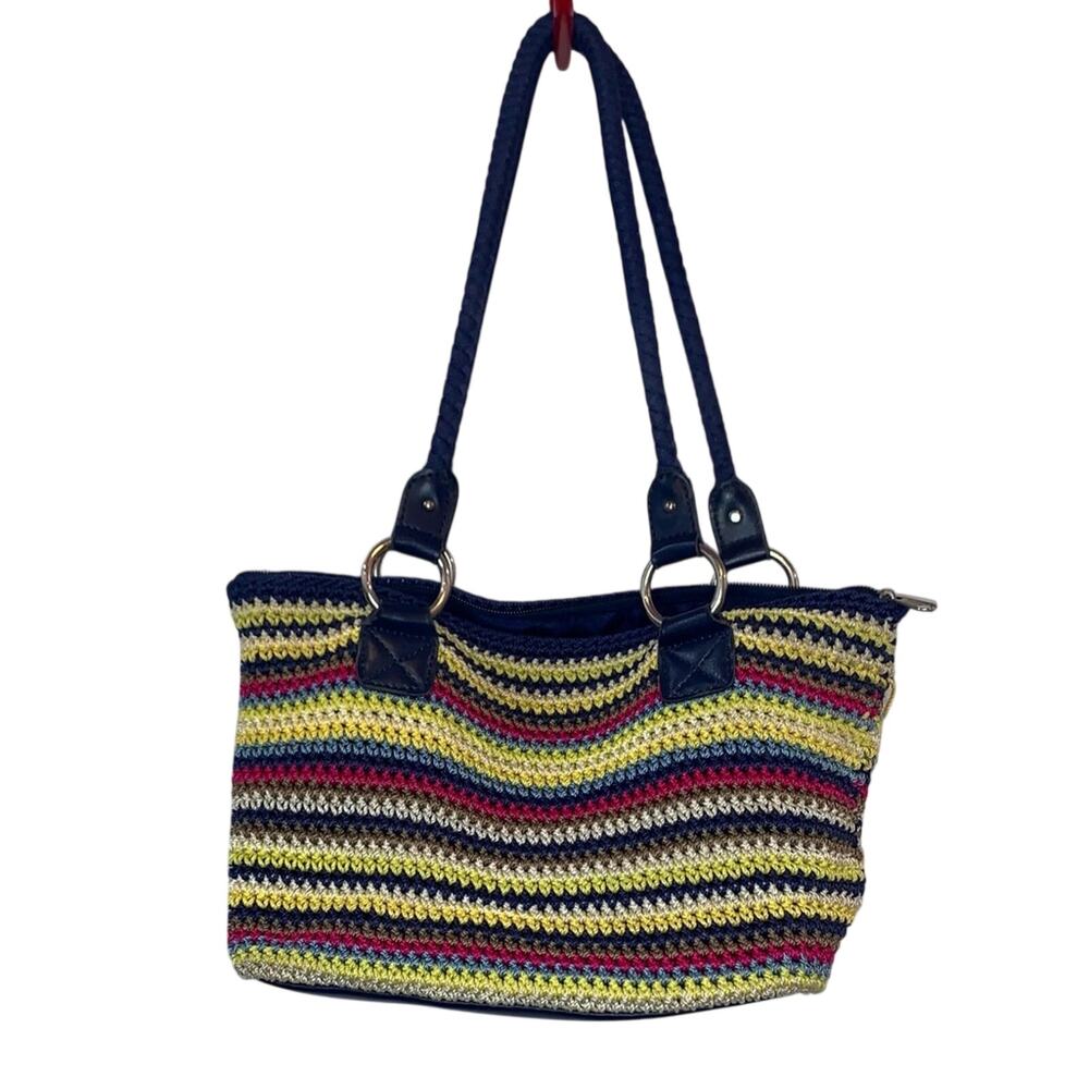 Croft & Barrow Crochet Knit Striped Shoulder Bag Multicolor Boho‎ Tote